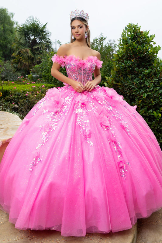 3D Flower Applique Sequin Embellished Bejeweled Corset With Detachable Back Bow Train