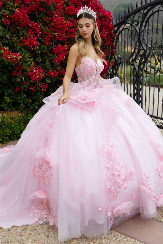 3D Flower Applique Embellished Waist Ruffle Train With Detachable Back Bow
