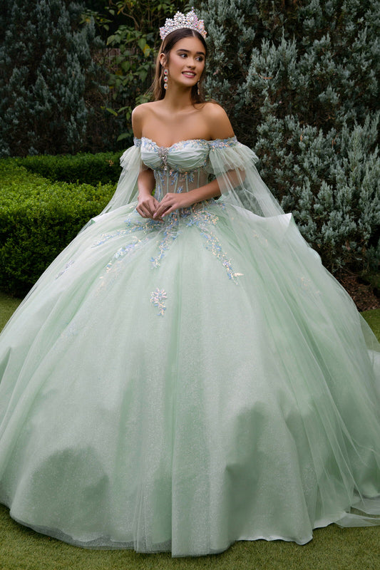 Cape Sleeve Embellished Dress With Back Ruffle And Detachable Back Bow