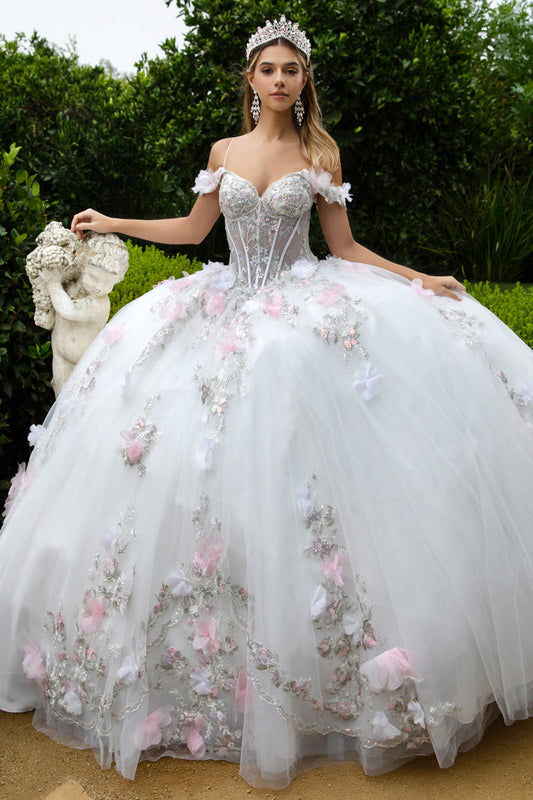 3D Flower Applique Embellished Scallop Edge Corset Cold Shoulder Dress With Train