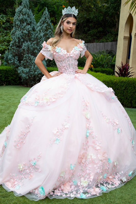 3D Flower Applique Embellished Train Dress With Waist Ruffle Detachable Back Bow