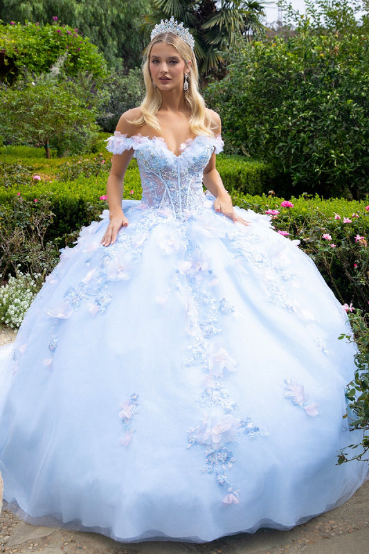 3D Organza Flower Applique Embellished Double Off Shoulder Strap Corset With Detachable Back Bow