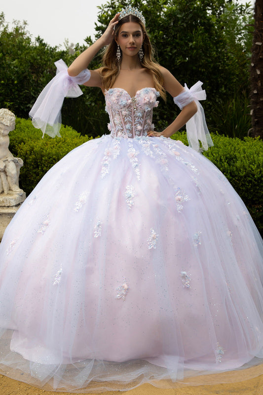 3D Flower Applique Embellished Train Dress With Detached Off Shoulder Straps