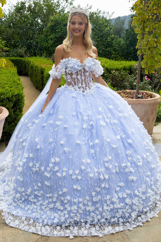 3D Flower Applique Sequin Glitter Embellished Corset Off Shoulder With Watteau Train