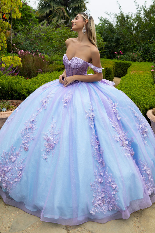 3D Flower Applique Embellished Train Bejeweled Corset Dress With Detachable Back Bow
