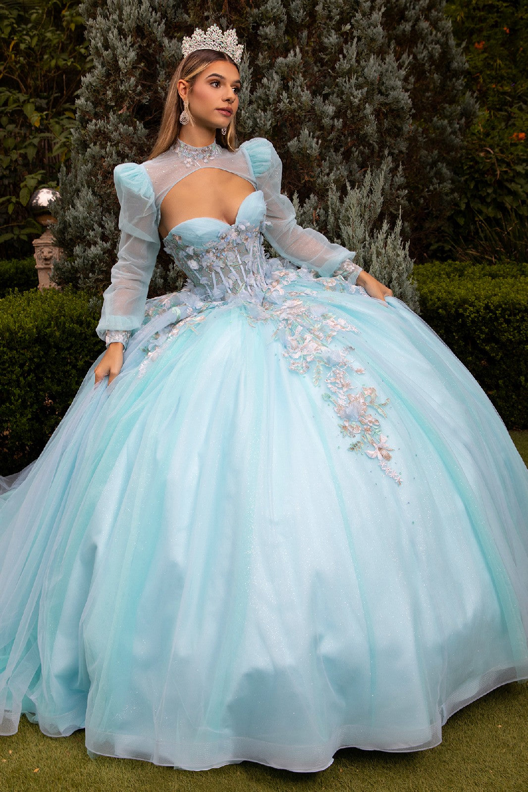 3D Flower Applique Embellished Quinceanera Train Dress With Matching Bolero