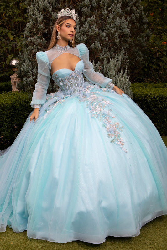 3D Flower Applique Embellished Quinceanera Train Dress With Matching Bolero