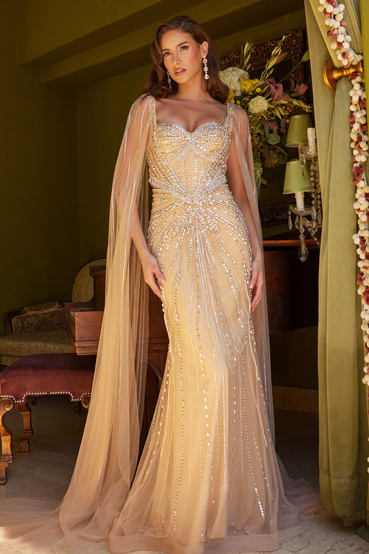 Embellished Cape Sleeve Illusion Waist Cutout Dress With Beaded Fringe Accents