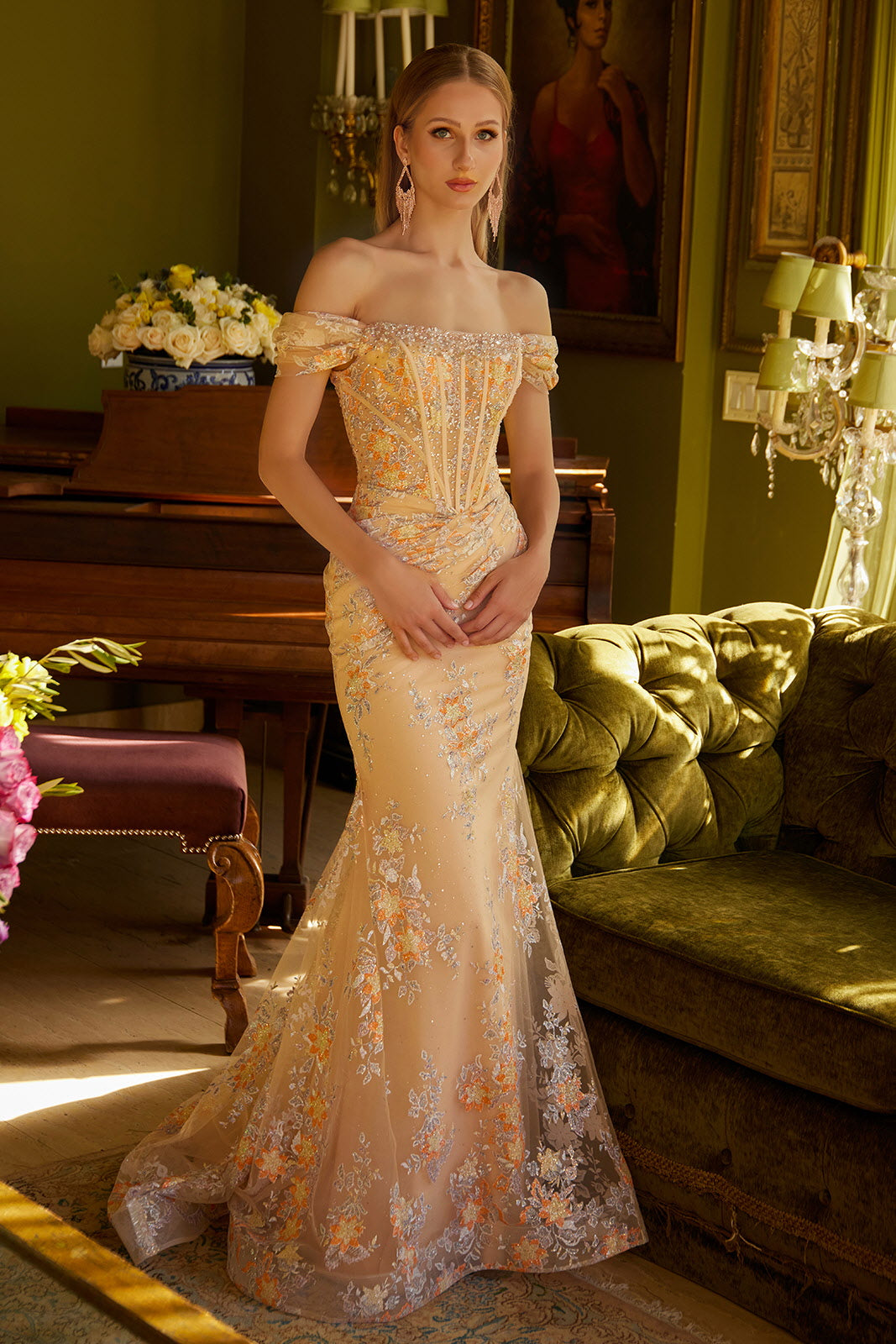 Embellished Off Shoulder Lace Up Back Corset Ruched Waist Stiff Hem Dress With Glitter Patterning