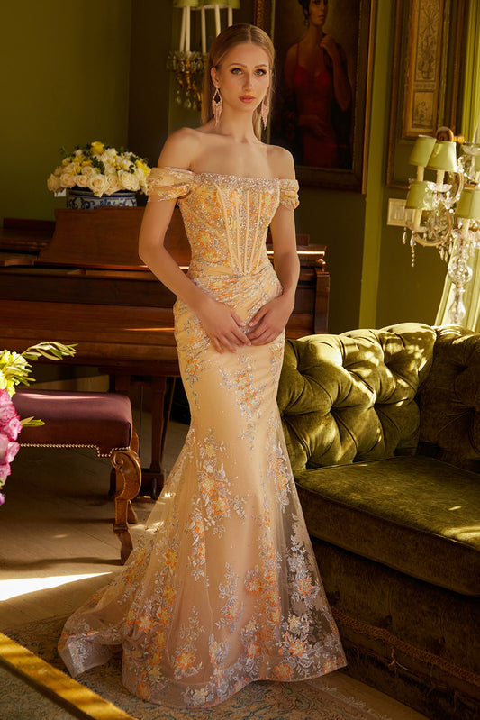 Embellished Off Shoulder Lace Up Back Corset Ruched Waist Stiff Hem Dress With Glitter Patterning