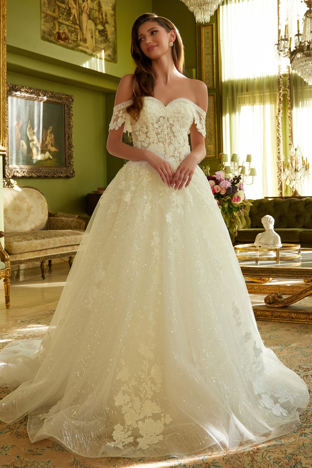 Off The Shoulder A Line Embroidered Bridal Gown With Beading Accented Sleeve