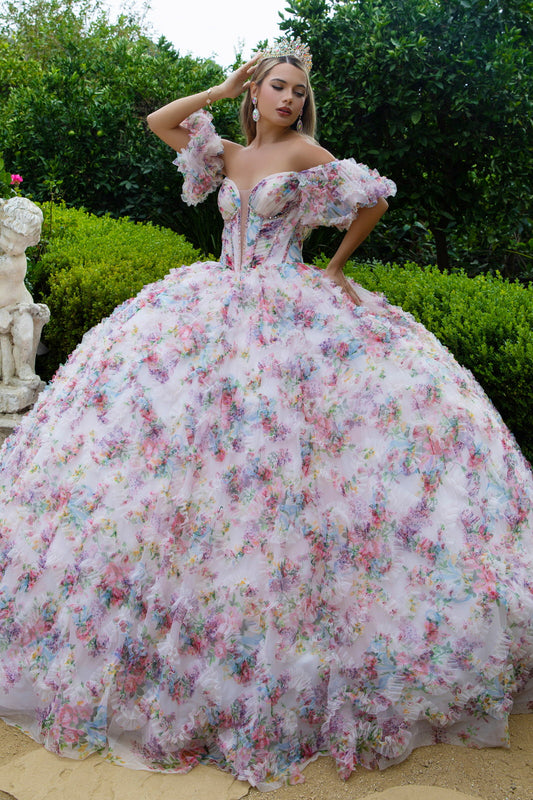 Embellished Corset Pleated Bodice Ruffle Detail Printed Mesh Skirt With Detachable Puff Sleeves