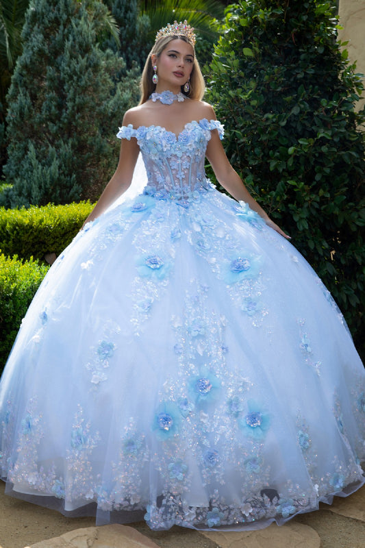 3D Flower Applique Embellished Corset Double Off Shoulder Strap Dress With Matching Cape Train