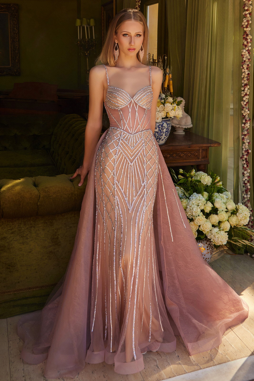 Bejeweled Spaghetti Strap Dress With Lace Underlayer Stiff Hem Overskirt