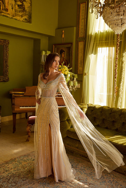 Mesh Dress With Cape Sleeves And Slit