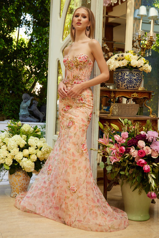 Embellished Strapless Sweetheart Lace Up Corset Flower Applique Printed Flower Mesh Stiff Hem Dress