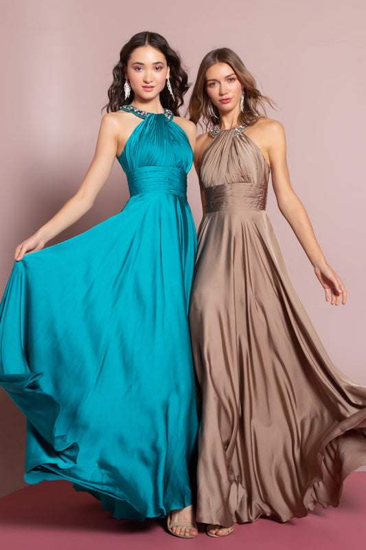 Coral Mocha Teal Charmeuse Long Dress With Beaded Halter Neckline
