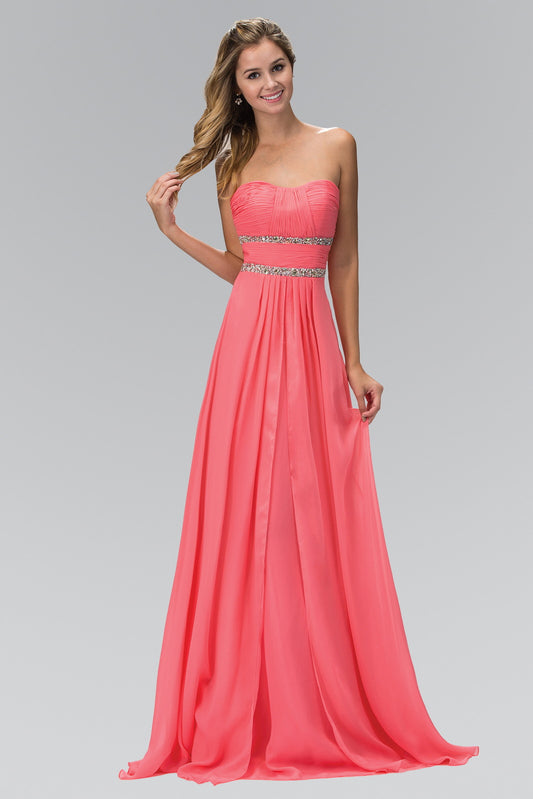 Coral Dark Teal Fuchsia Jade Pink Royal Blue Strapless Floor Length Chiffon Dress With Sequin Detailing