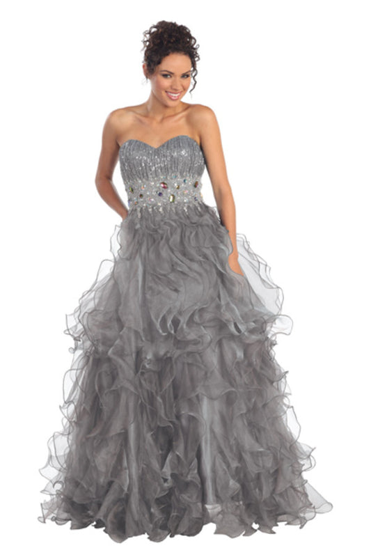 Coral Purple Sea Green Silver Teal Blue Strapless Sweetheart Organza Long Ruffle Dress With Jeweled Bodice
