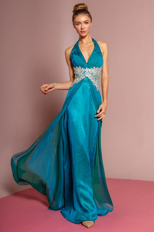 Coral Lilac Teal White Halter Floor Length Dress Accented With Lace And Jewel