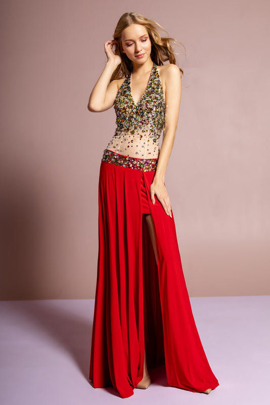 Black Red Jewel Embellished Halter Jersey Long Dress With Side Slit And Sheer Midriff Waist