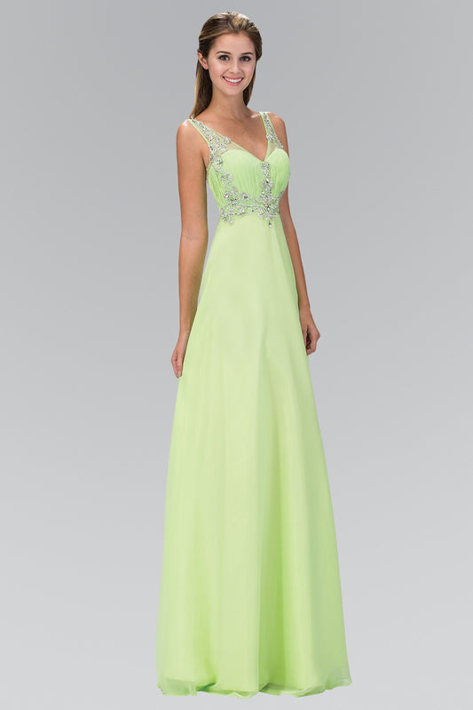 Light Green Tiffany V Neck Chiffon Long Dress With Beaded Sheer Straps