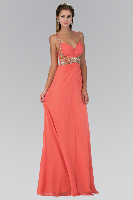 Coral Green Jewel Embellished Chiffon Long Dress With Ruched Bodice