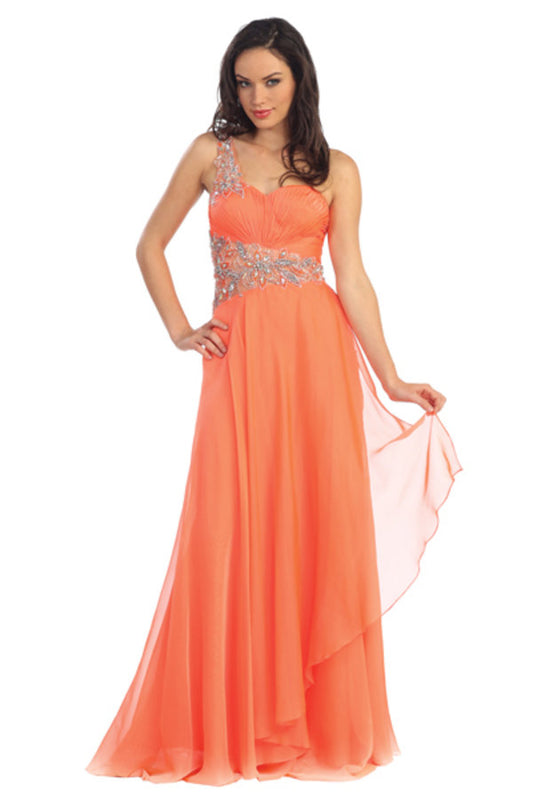 Dark Lilac Fuchsia Lime Yellow Orange One Shoulder Jewel Embellished Chiffon Long Dress