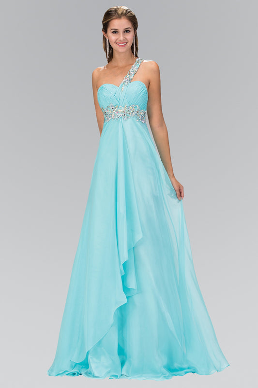 Aqua Fuchsia Lime Royal Blue One Shoulder Chiffon Long Dress Accented With Jewel