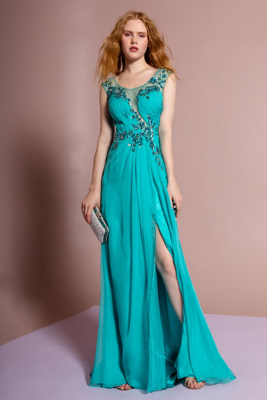 Aqua Orange Pleated Long Dress With Side Slit And Jewel Detailing