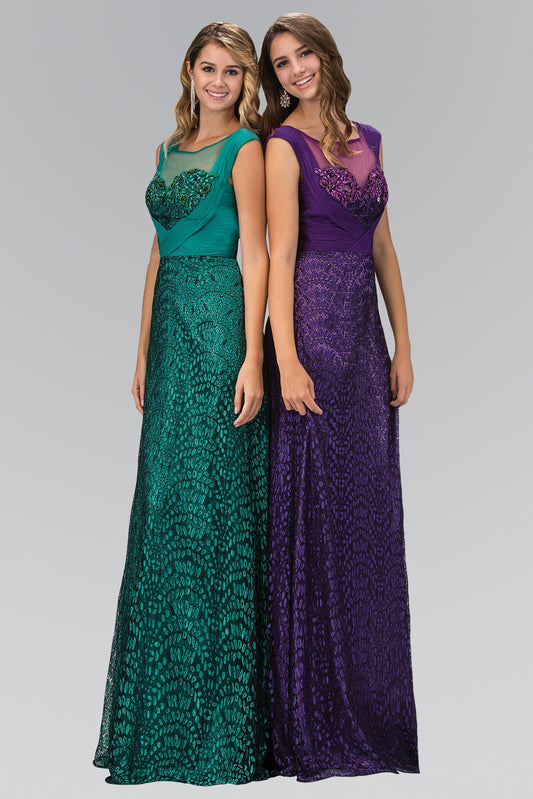 Green Purple Cap Sleeve Lace Long Dress With Pleated Chiffon Overlay