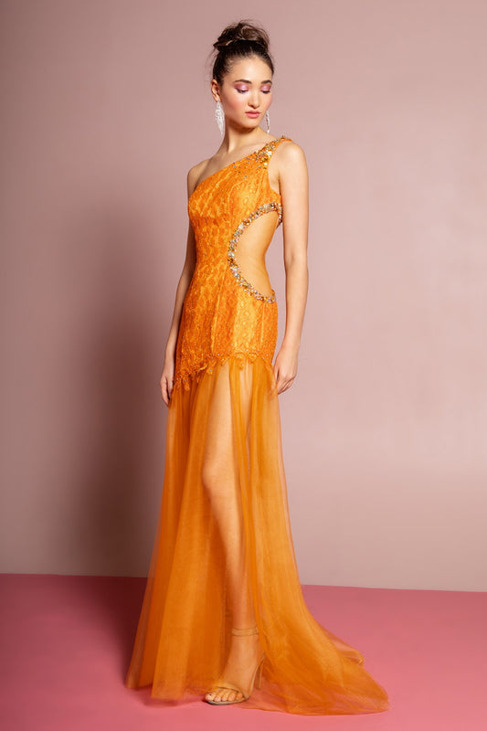 Black Fuchsia Orange One Shoulder Floor Length Tulle Skirt With Lace Bodice And Sheer Waist