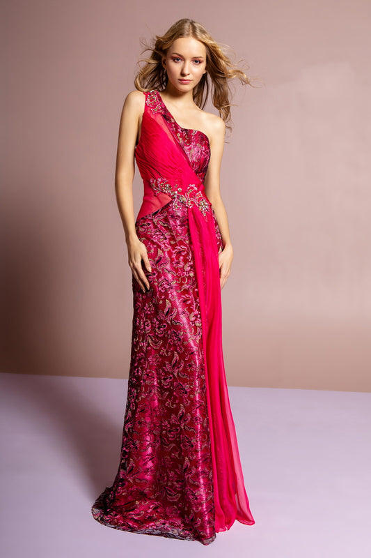 Fuchsia Royal Blue One Shoulder Lace Long Dress With Beaded Waist And Chiffon Overlay