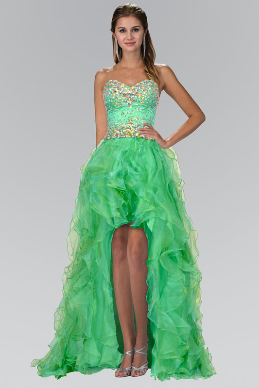 Emerald Green Fuchsia Organza High Low Dress With Jeweled Sweetheart Bodice