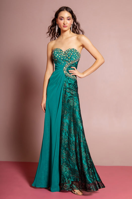 Black Green Royal Blue Strapless Sweetheart Lace Long Dress With Jeweled Bodice