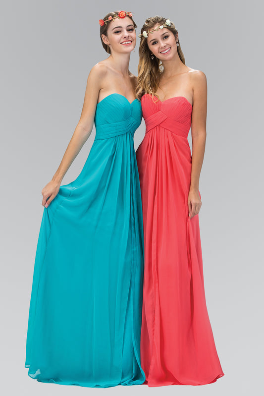 Aqua Coral Pink Strapless Chiffon Long Dress With Pleated Bodice