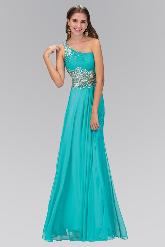 Coral Fuchsia Tiffany One Shoulder Chiffon Long Dress With Beaded Waistline
