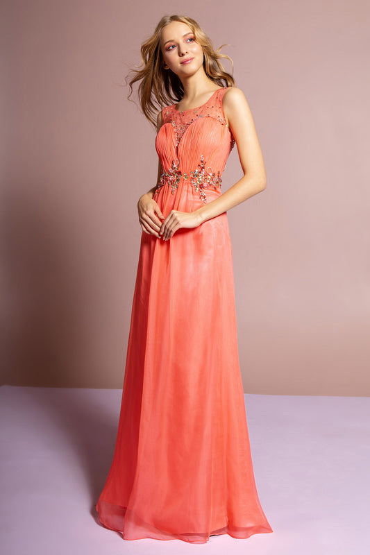 Coral Emerald Green Hot Pink Ruched Bodice Chiffon Long Dress With Jeweled Neckline And Waist