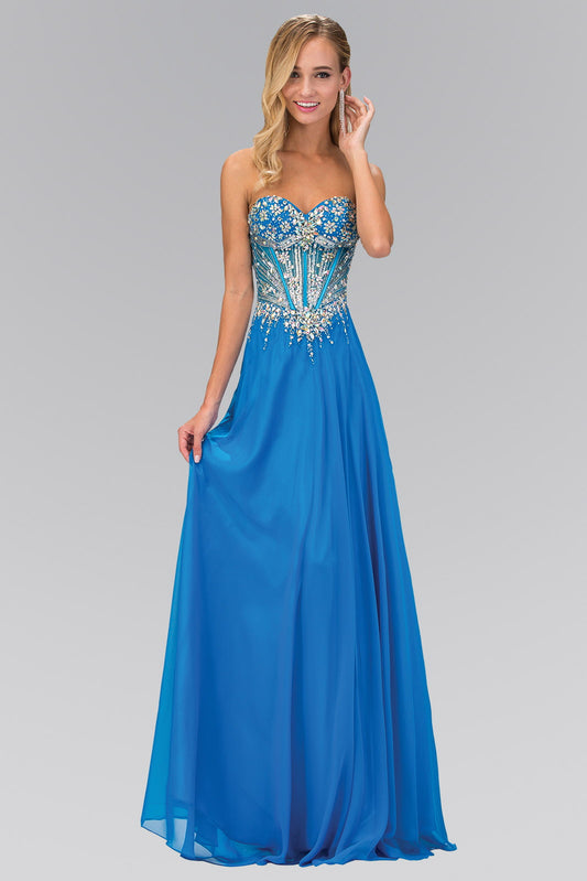 Ocean Blue Strapless Sweetheart Chiffon Floor Length Dress With Jeweled Bodice