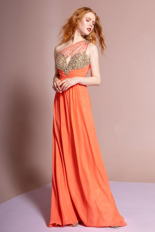 Ivory Orange Tiffany One Shoulder Chiffon Long Dress With Jewel Embellished Bodice And Ruched Waistline