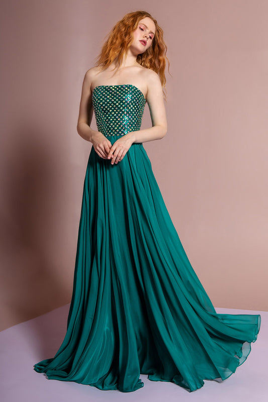 Fuchsia Green Strapless Chiffon Floor Length Dress Accented With Jewel