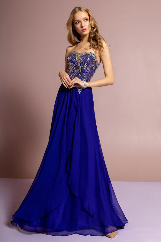Fuchsia Off White Royal Blue Strapless Chiffon Floor Length Dress With Jeweled Bodice