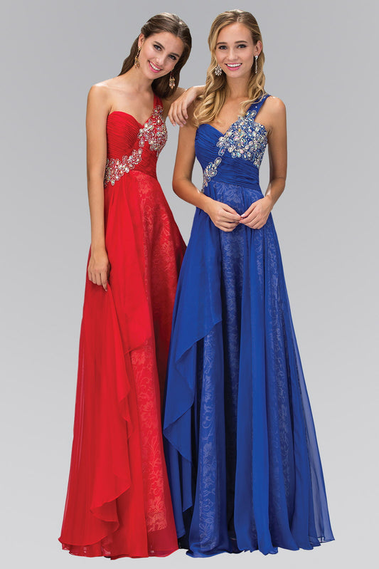 Red Royal Blue Tiffany One Shoulder Lace Long Dress With Chiffon Overlay