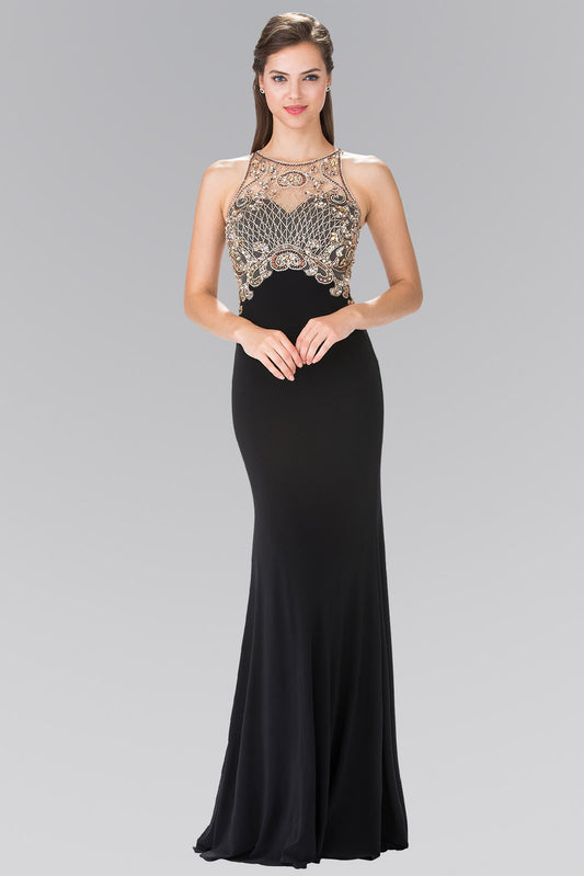 Black Burgundy Champagne Floor Length Dress With Jewel Embellished Sheer Bodice And Back