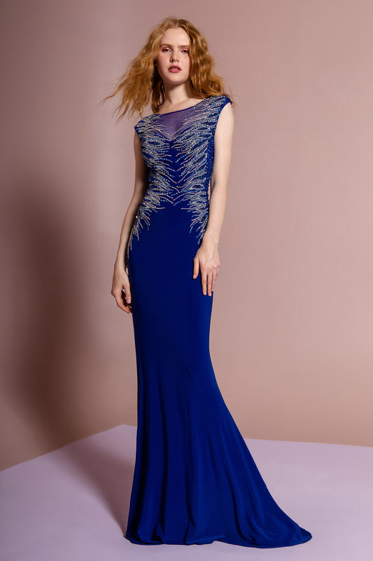 Ivory Gold Royal Blue Sleeveless Floor Length Dress With Open Back And Beaded Accent