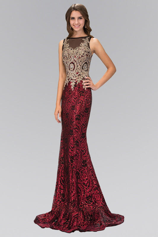 Red Royal Blue Floor Length Dress With Gold Lace On Bodice And Sequin On Skirt