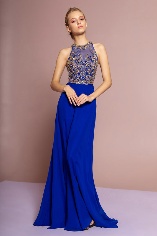 Ivory Red Royal Blue Jewel And Bead Embellished Long Dress With Back Cut Out