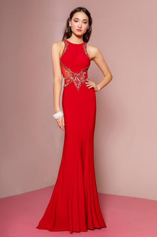 Navy Red Illusion Back Floor Length Dress With Sheer Side Cut Outs
