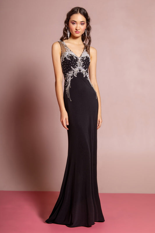 Black Royal Blue Sheer Open Back Floor Length Dress With Silver Jewel Accents
