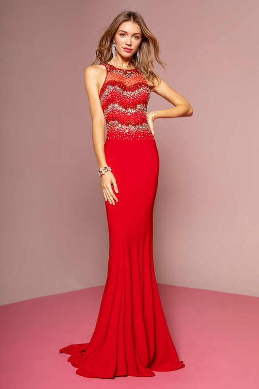 Navy Red Jewel Embellished Open Back Floor Length Dress